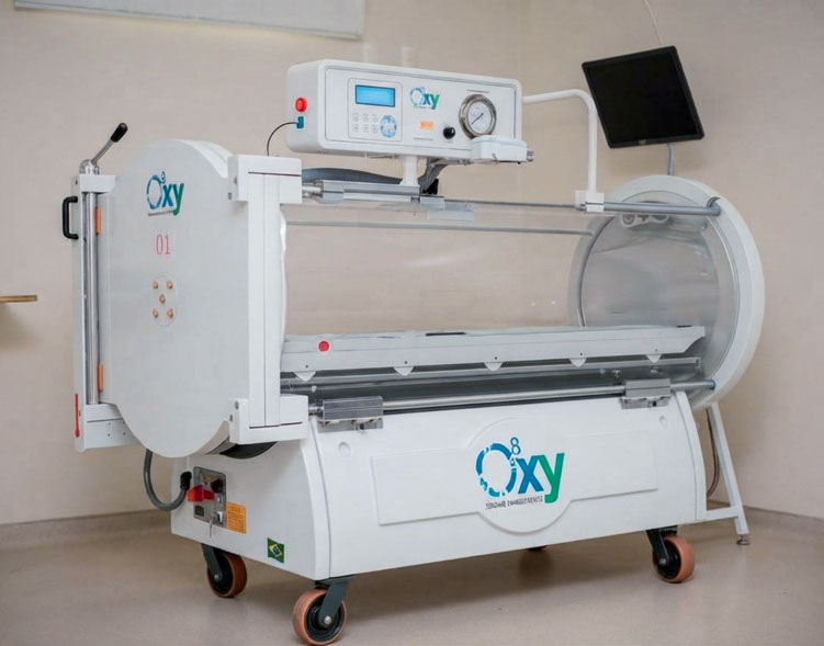 Câmara hiperbárica monoplace Oxy na sala de tratamento da Hiperbárica Santa Rosa, em Cuiabá