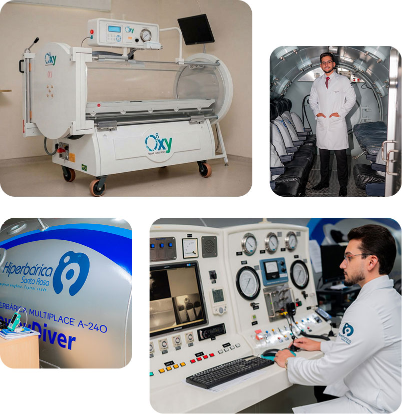 Estrutura da Hiperbárica Santa Rosa em Cuiabá: câmara hiperbárica monoplace, câmara multiplace, painel de controle e equipe médica